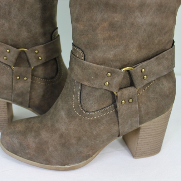 New Brown Heel Knee Zipper Boot Faux Leather - Picture 2 of 8